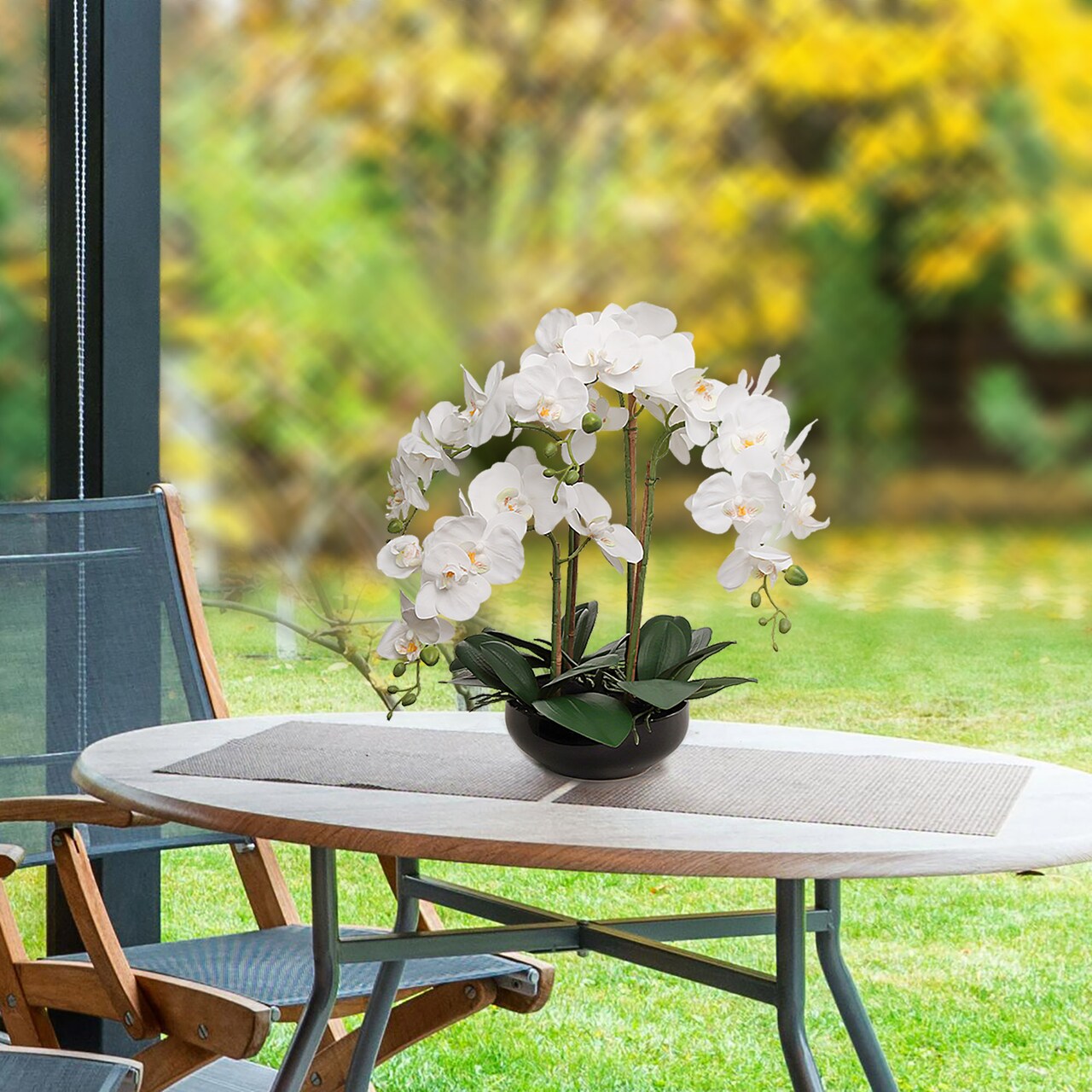 20" White Phalaenopsis Orchid Flowers in Round Black Vase, Lifelike Floral Accent, Perfect for Home, Office, and Event Décor, Floral Home by Artificial Flowers